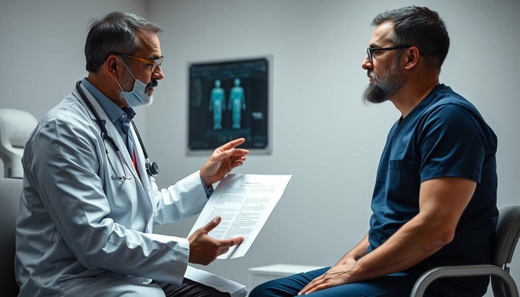 Doctor discussing smoking and MCL sprain healing timeline with patient during consultation Doctor discussing smoking and MCL sprain healing timeline with patient during consultation