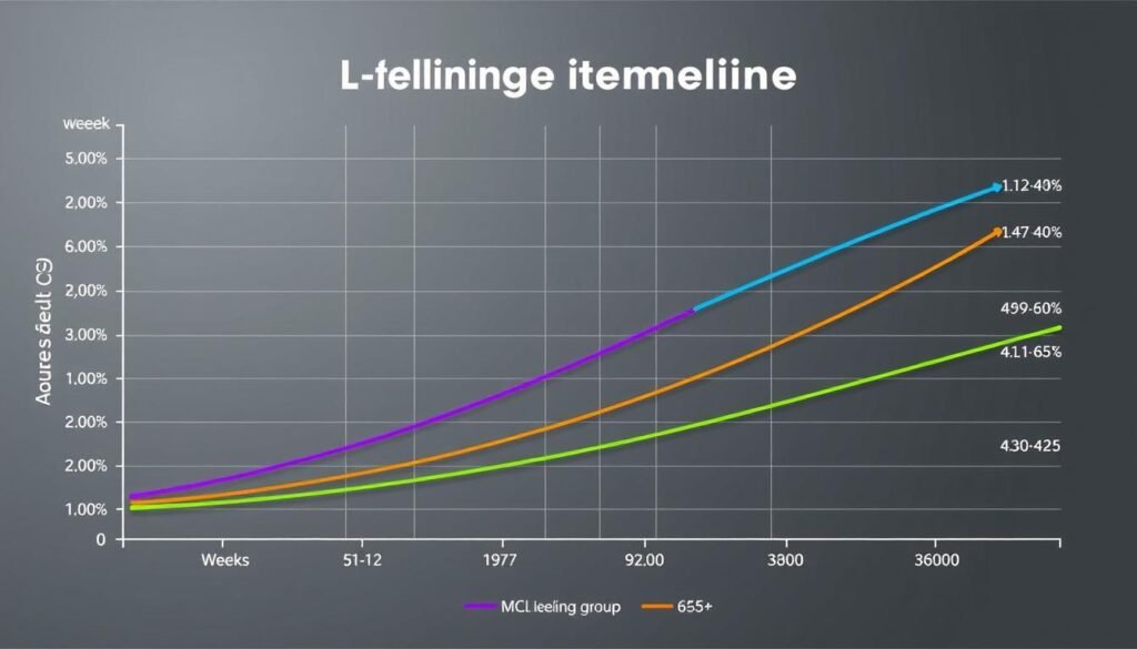 Graph showing comparative MCL healing timelines across different age groups with age impact on MCL sprain healing time clearly visualized