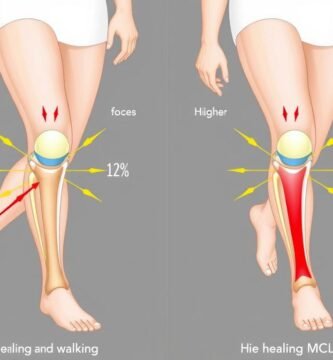 Illustration showing how increased body weight affects pressure on the healing MCL during recovery, demonstrating body weight and MCL sprain recovery duration relationship