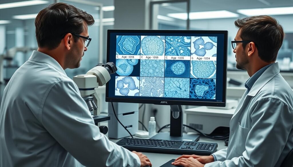 Medical researcher analyzing tissue samples from MCL injuries across different age groups showing age impact on MCL sprain healing time