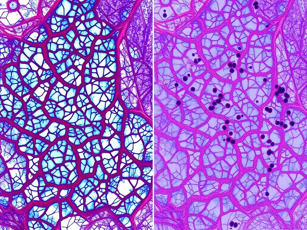 Microscopic comparison of collagen production in younger versus older MCL tissue showing age impact on MCL sprain healing time