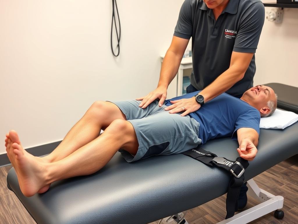 Middle-aged person receiving physical therapy for MCL injury showing age impact on MCL sprain healing time