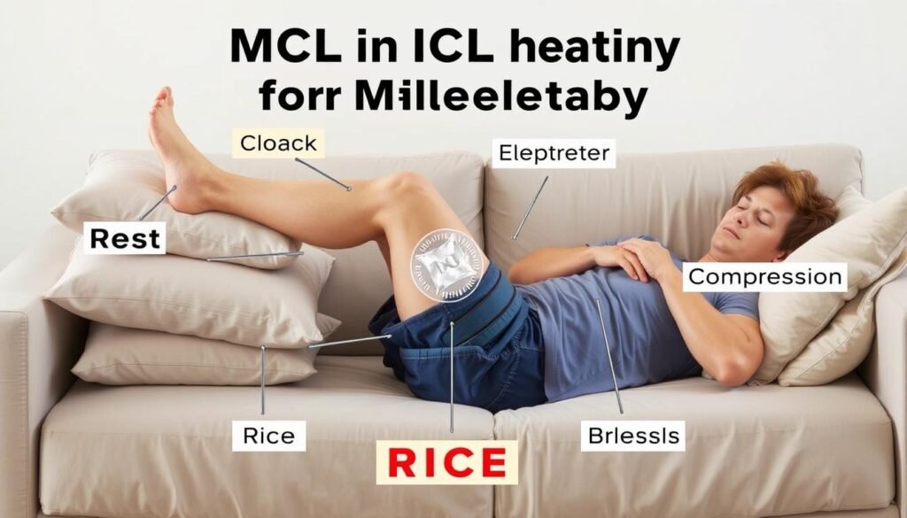 Person applying RICE method (Rest, Ice, Compression, Elevation) for MCL injury showing age impact on MCL sprain healing time