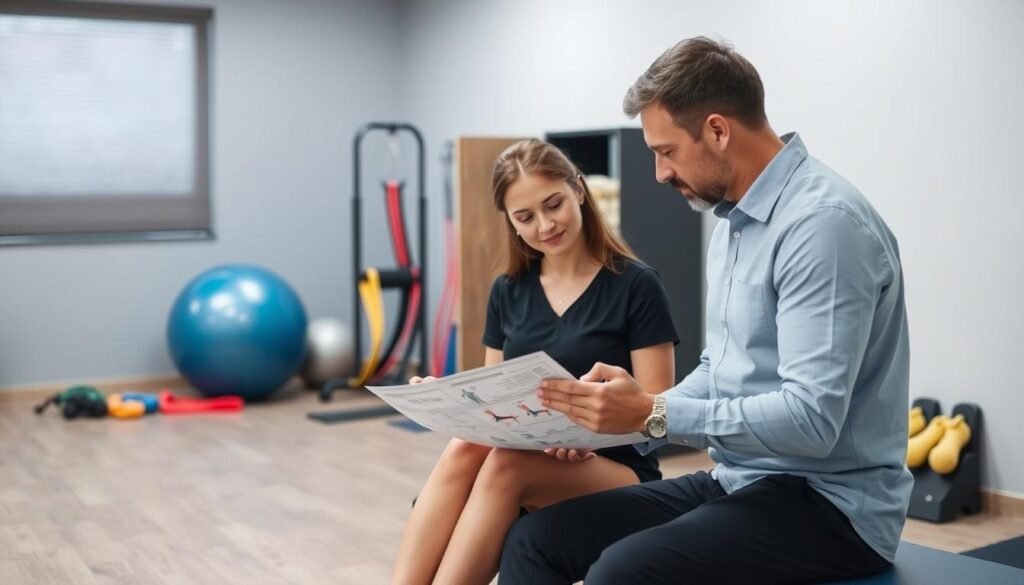 Person consulting with physical therapist about knee injury recovery exercises step by step Person consulting with physical therapist about knee injury recovery exercises step by step