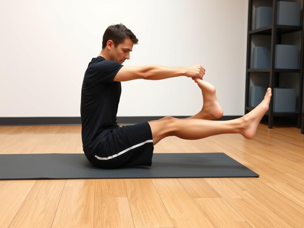 Person performing hamstring stretch as part of knee injury recovery exercises step by step Person performing hamstring stretch as part of knee injury recovery exercises step by step