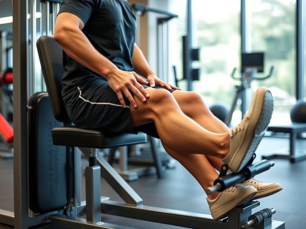 Person performing leg press exercise as part of knee injury recovery exercises step by step Person performing leg press exercise as part of knee injury recovery exercises step by step