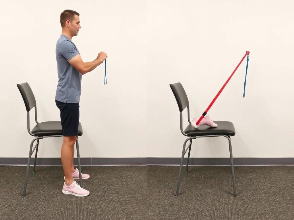 Person performing standing hamstring curls with resistance band for knee injury recovery exercises step by step