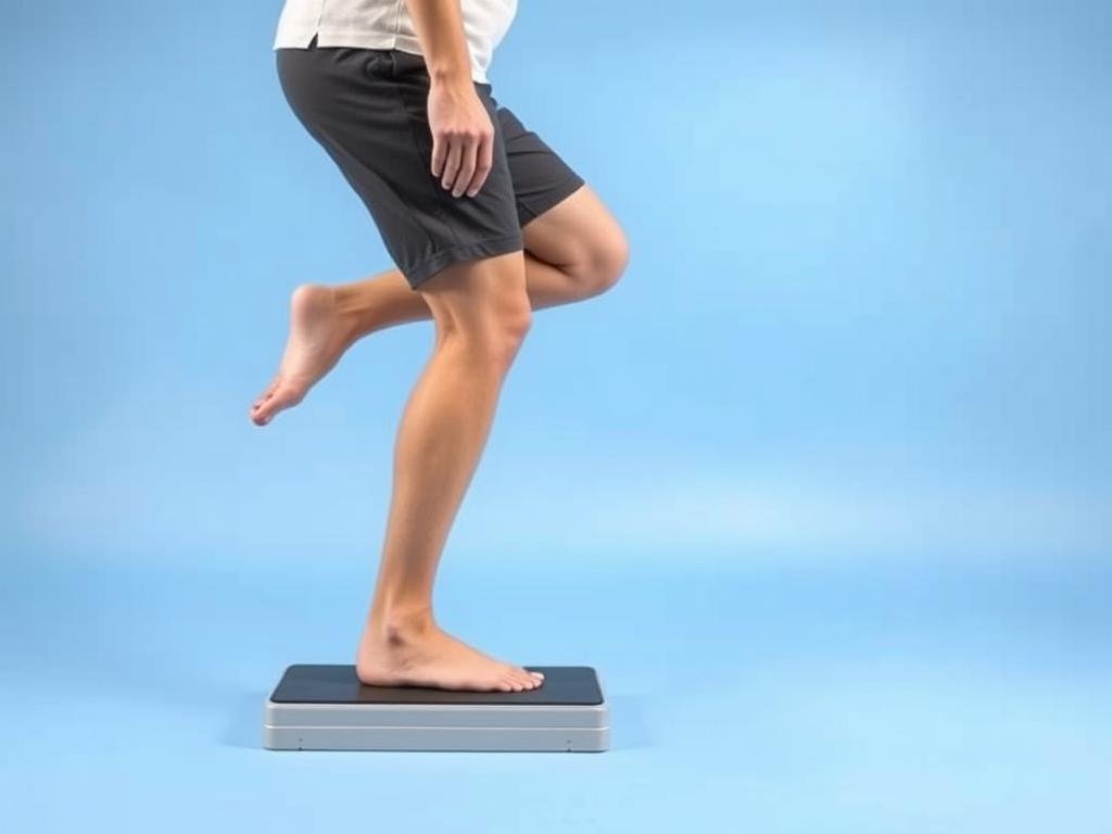Person performing step-ups onto a low platform as part of knee injury recovery exercises step by step Person performing step-ups onto a low platform as part of knee injury recovery exercises step by step