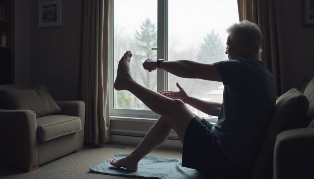 Person performing weather-adaptive MCL rehabilitation exercises indoors during stormy weather