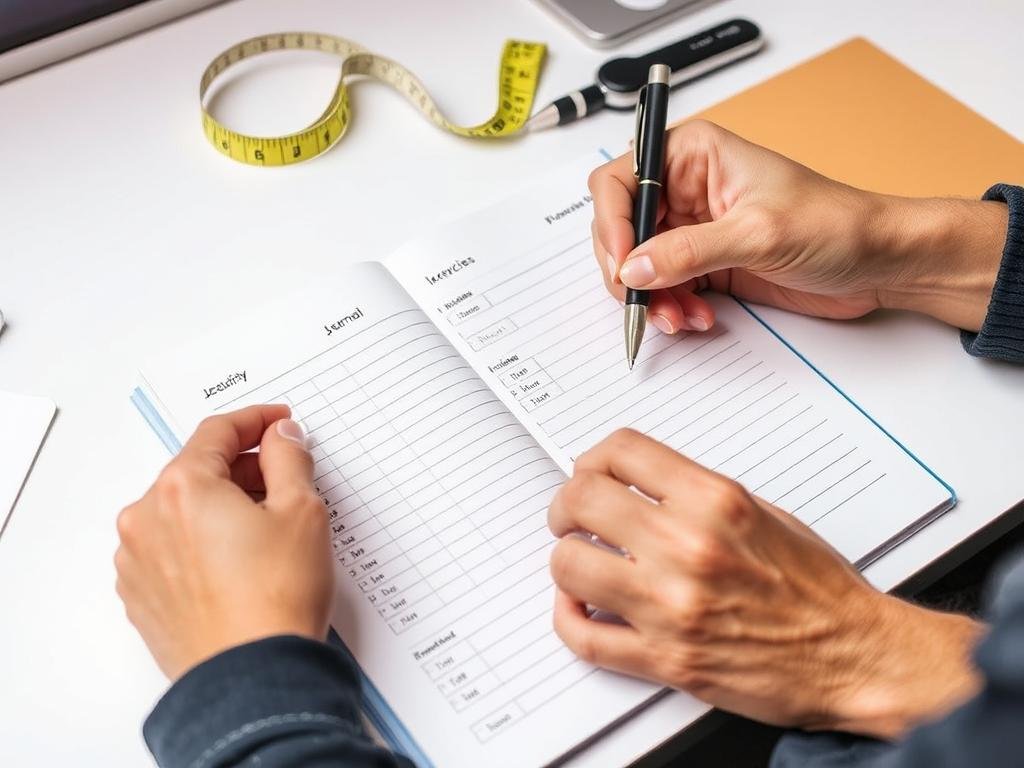 Person tracking progress in rehabilitation journal for knee injury recovery exercises step by step Person tracking progress in rehabilitation journal for knee injury recovery exercises step by step