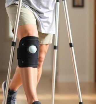 Person with MCL sprain using crutches with a knee brace for support during recovery