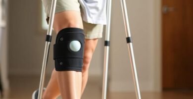 Person with MCL sprain using crutches with a knee brace for support during recovery