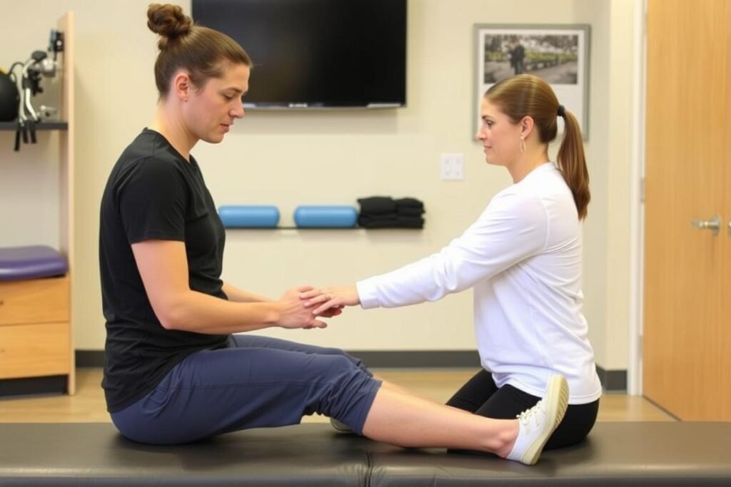 Physical therapist guiding patient through indoor MCL rehabilitation exercises during inclement weather Physical therapist guiding patient through indoor MCL rehabilitation exercises during inclement weather