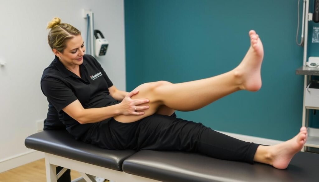Physical therapist guiding patient through rehabilitation exercises for MCL sprain from skiing