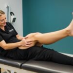 Physical therapist guiding patient through rehabilitation exercises for MCL sprain from skiing