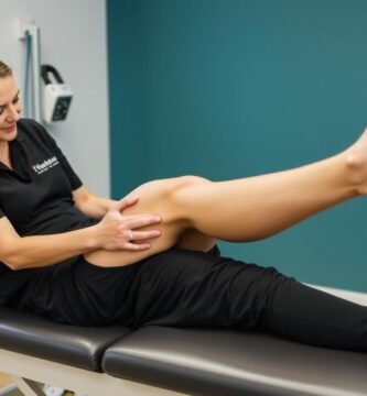 Physical therapist guiding patient through rehabilitation exercises for MCL sprain from skiing