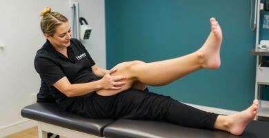 Physical therapist guiding patient through rehabilitation exercises for MCL sprain from skiing