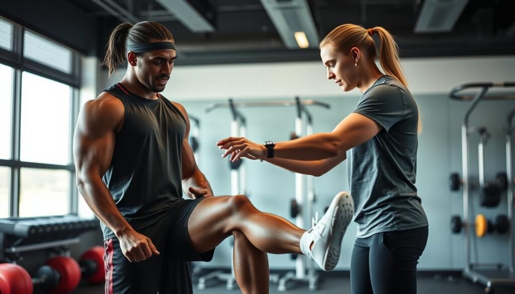 Professional athlete working with a sports physical therapist on specialized MCL rehabilitation exercises