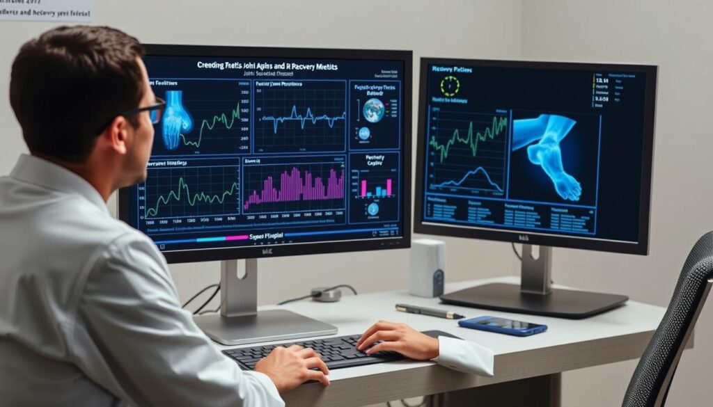 Researcher analyzing data about weather conditions and MCL sprain recovery time in laboratory setting