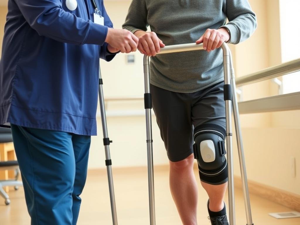 Senior patient using walking aids during MCL recovery showing age impact on MCL sprain healing time