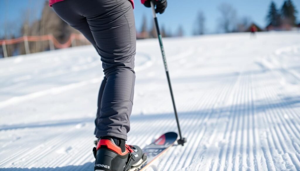 Skier carefully returning to slopes after MCL sprain from skiing recovery Skier carefully returning to slopes after MCL sprain from skiing recovery