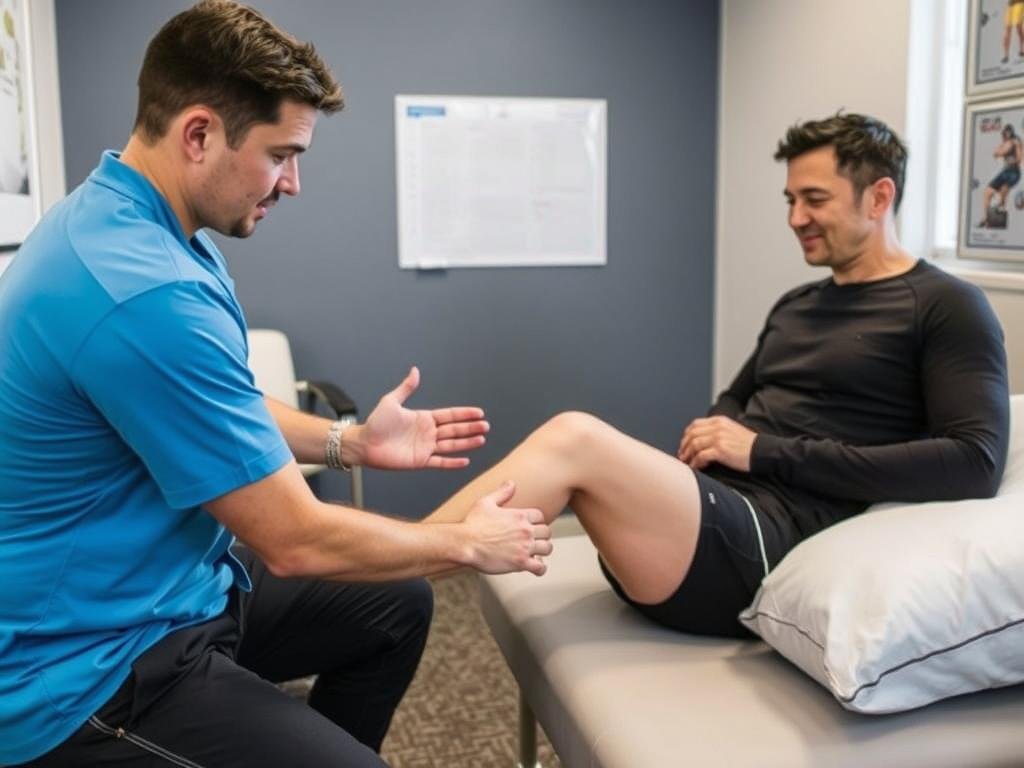 Sports medicine specialist demonstrating weather-adaptive exercises for MCL sprain recovery Sports medicine specialist demonstrating weather-adaptive exercises for MCL sprain recovery