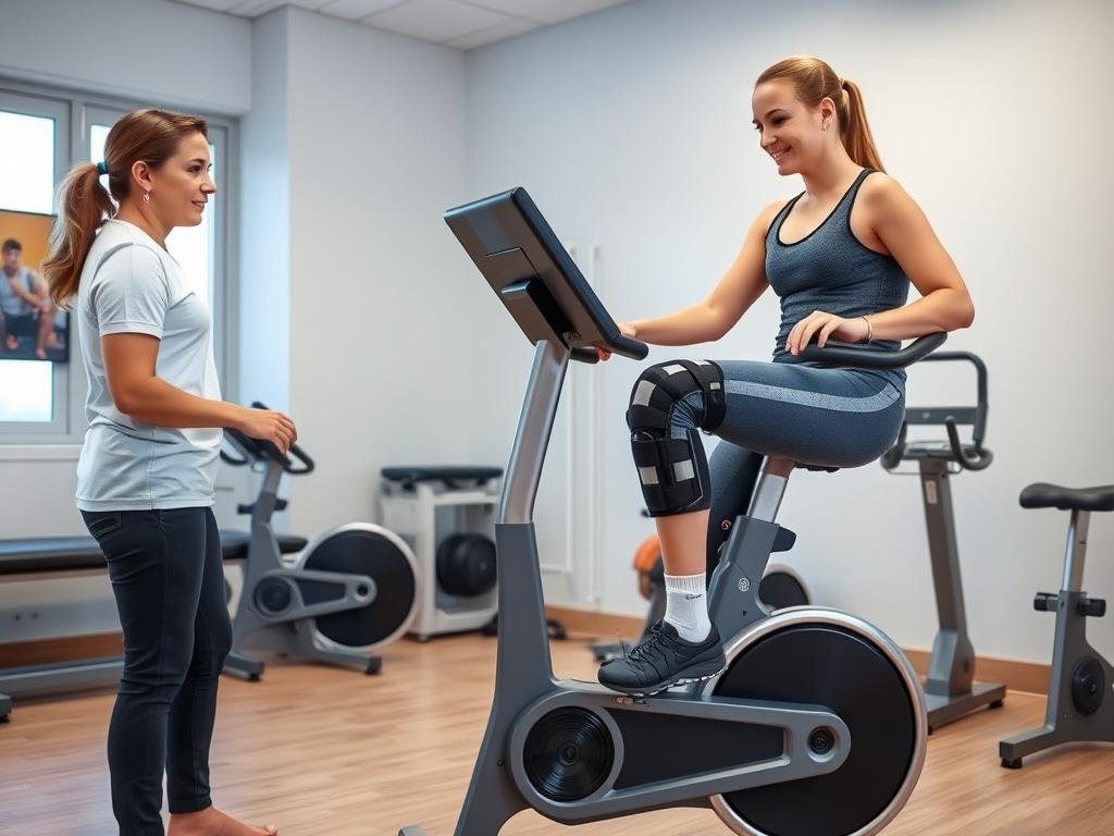Young adult performing stationary bike exercise during MCL rehabilitation showing age impact on MCL sprain healing time