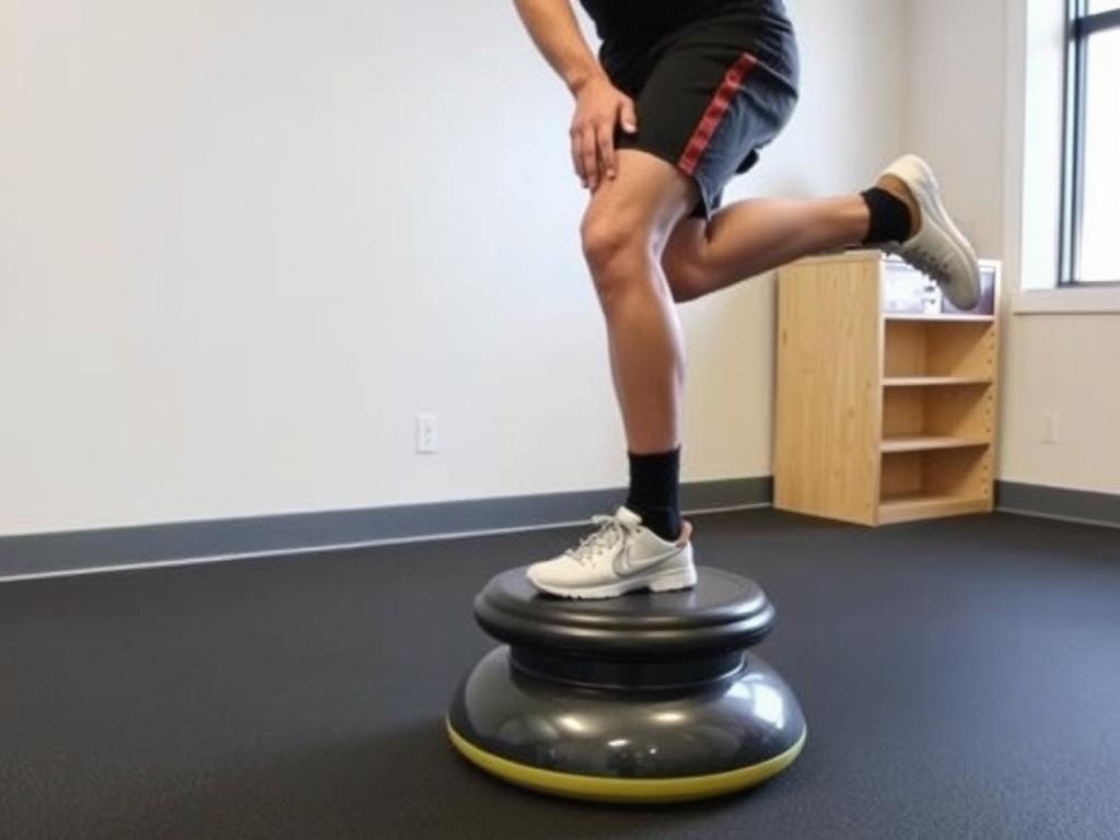 Athlete performing balance exercises on a wobble board for MCL rehabilitation Athlete performing balance exercises on a wobble board for MCL rehabilitation