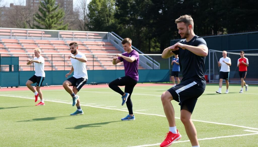 Athletes performing proper warm-up exercises to prevent MCL injuries Athletes performing proper warm-up exercises to prevent MCL injuries