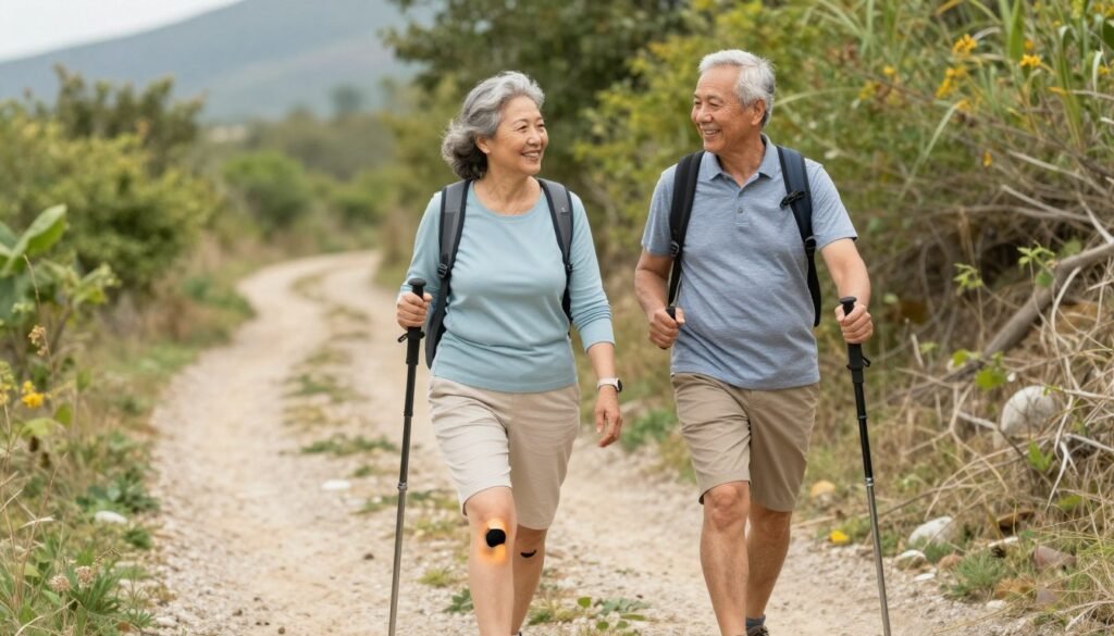 Active senior couple hiking outdoors after successful knee pain treatment