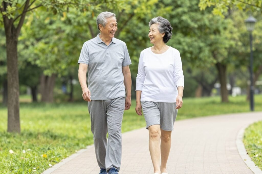Active senior couple walking outdoors after successful knee osteoarthritis treatment