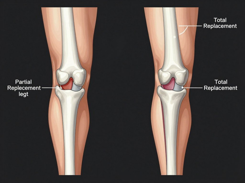 Comparison between partial and total knee replacement showing different surgical approaches