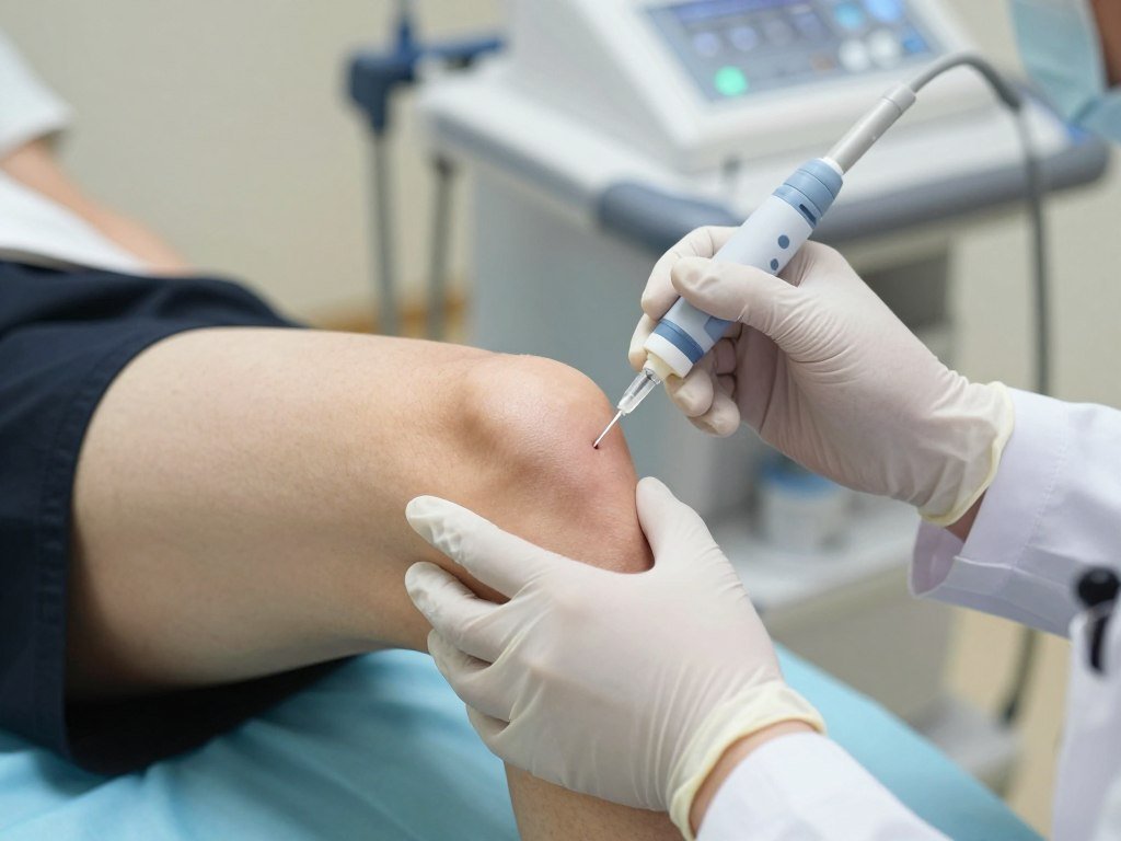 Doctor administering a corticosteroid injection to a patient's knee for osteoarthritis treatment Doctor administering a corticosteroid injection to a patient's knee for osteoarthritis treatment