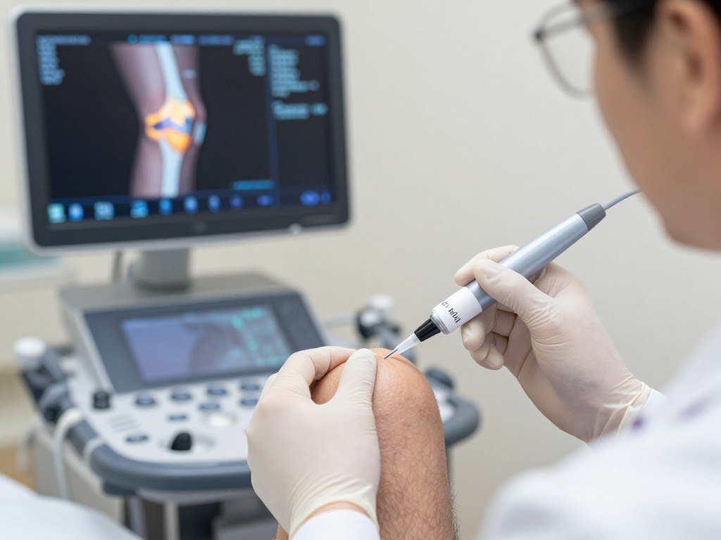 Doctor administering advanced knee injection using ultrasound guidance