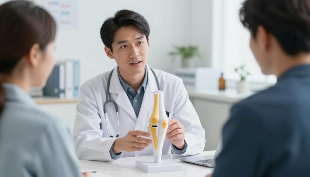 Doctor discussing potential risks of genicular nerve ablation for knee pain with patient