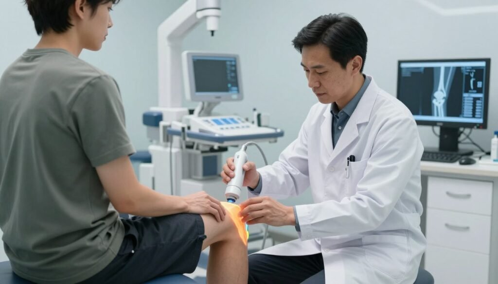 Doctor examining patient's knee with newest treatment for knee pain 2025 technology