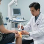 Doctor examining patient's knee with newest treatment for knee pain 2025 technology