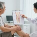 Doctor explaining genicular artery embolization for knee pain to a patient with knee osteoarthritis