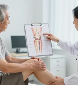 Doctor explaining genicular artery embolization for knee pain to a patient with knee osteoarthritis