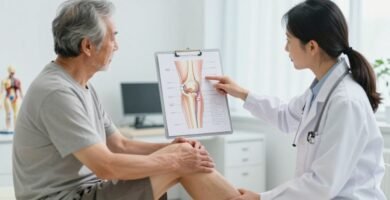 Doctor explaining genicular artery embolization for knee pain to a patient with knee osteoarthritis