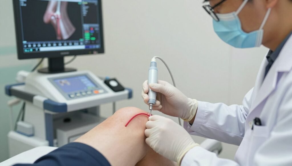 Doctor performing genicular nerve ablation procedure for knee pain treatment