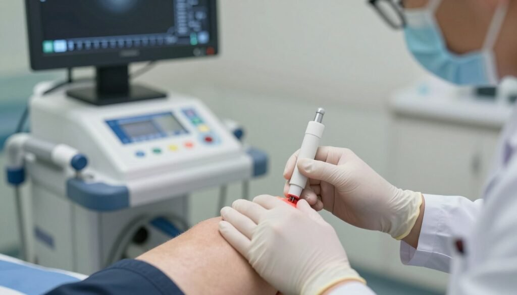 Doctor performing genicular nerve ablation procedure on patient's knee