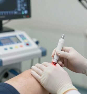 Doctor performing genicular nerve ablation procedure on patient's knee