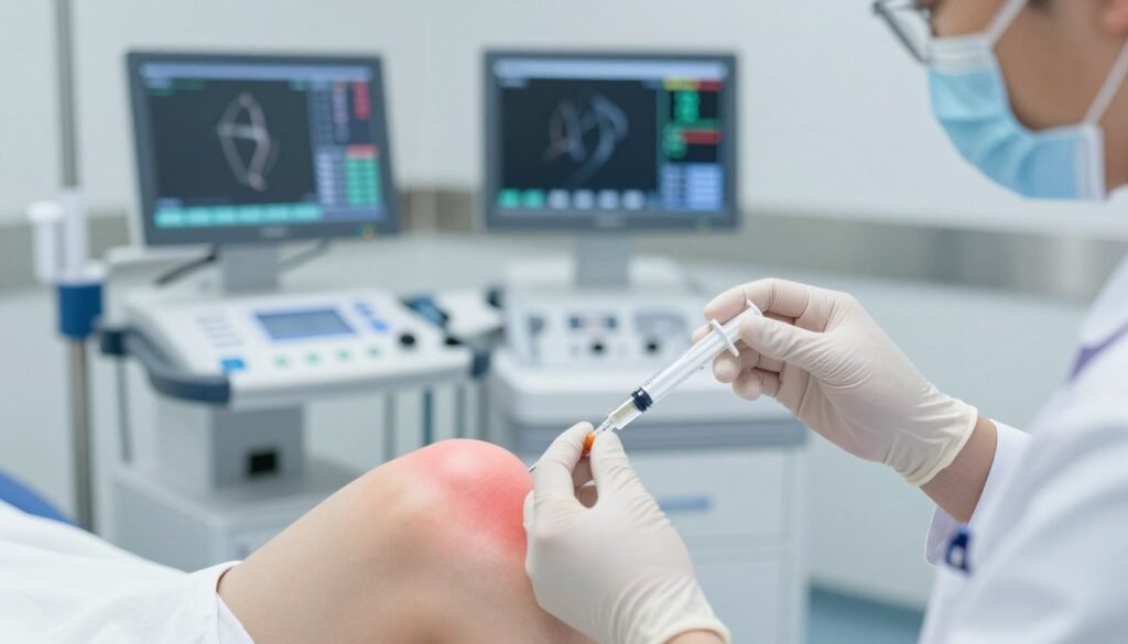 Doctor preparing regenerative medicine treatment for knee pain in a modern medical facility