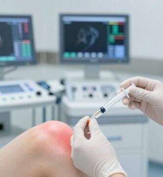 Doctor preparing regenerative medicine treatment for knee pain in a modern medical facility