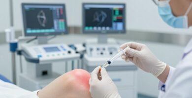 Doctor preparing regenerative medicine treatment for knee pain in a modern medical facility