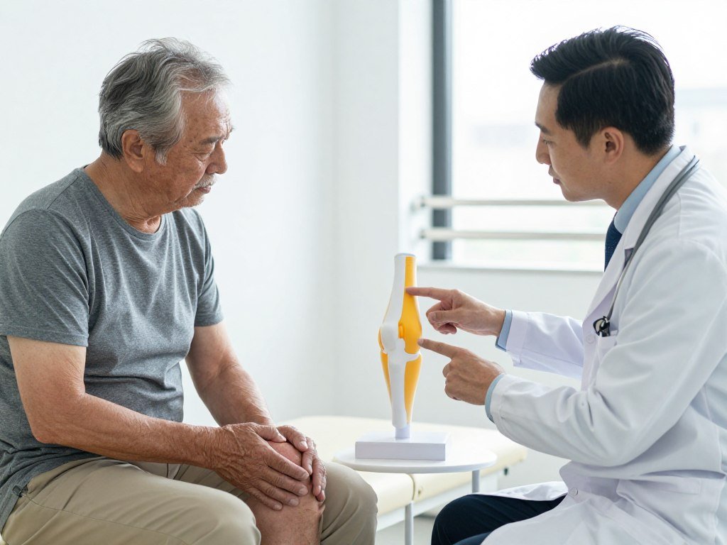 Elderly patient with knee osteoarthritis consulting with doctor about genicular nerve ablation for knee pain