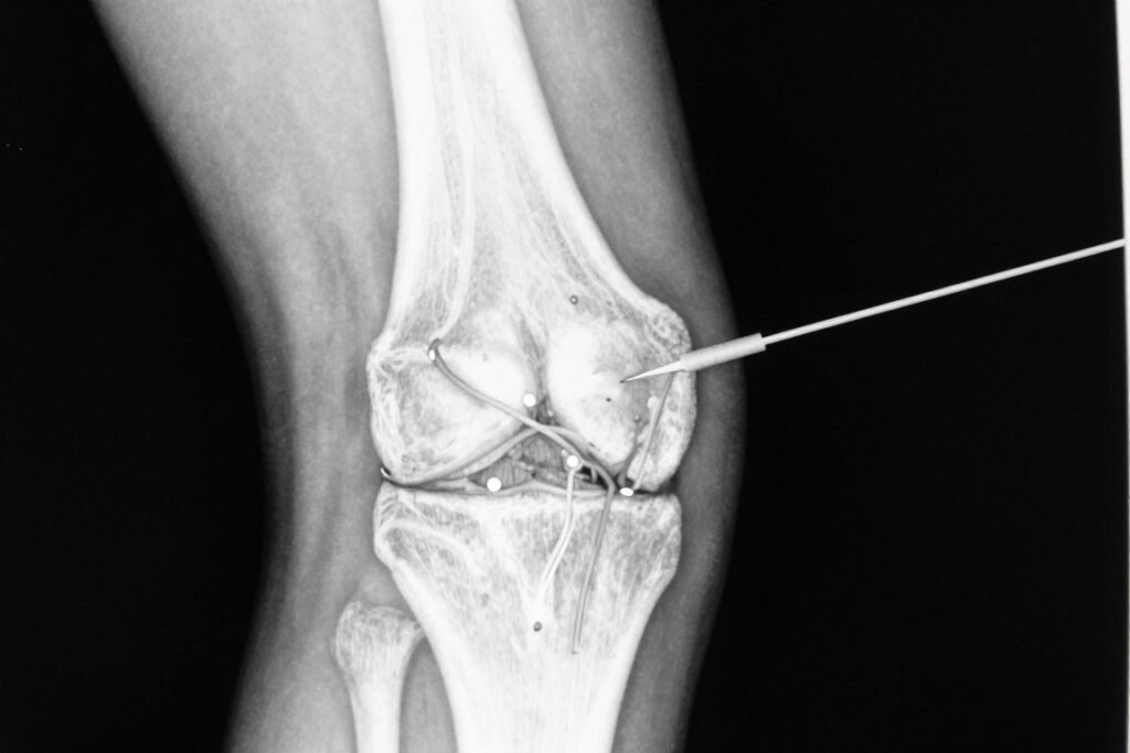 Fluoroscopy image showing needle placement during genicular nerve ablation for knee pain