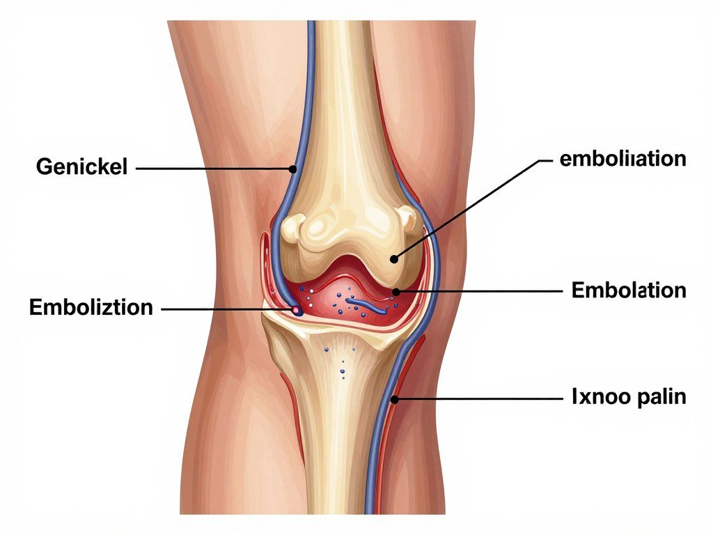 Illustration of genicular artery embolization for knee pain procedure showing catheter placement