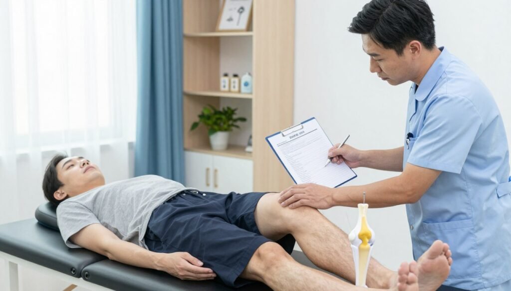 Integrative knee pain management session combining physical therapy and acupuncture